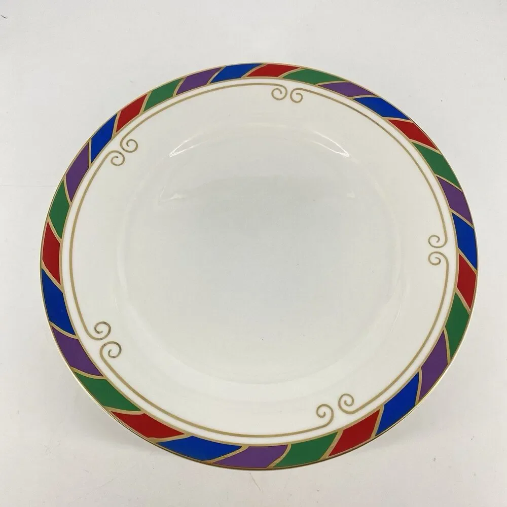 Set of 4 Pier 1 Celebration 10.5” Porcelain Dinner Plates Multicolor Rim NEW